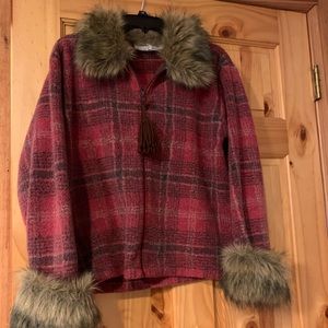 Tasha Polizzi Saddle Blanket plaid jacket with fur trim